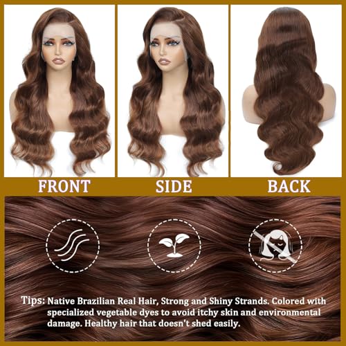 Chocolate Brown Lace Front Wig 13x6 HD Body Wave Lace Front Wigs Human Hair Pre Plucked Colored Frontal Glueless Brown Human Hair Wig for Women with Baby Hair 180% Density 30 Inch