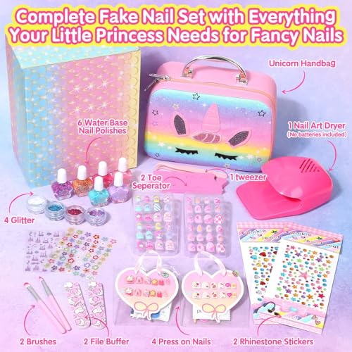 Kids Nail Polish with Press on Nails Set for Girls, Non-Toxic Nail Art Kit with Portable Dryer and Unicorn Case, Cute Stuff Gift Toys for Girls Age 8 -12