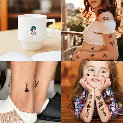 76 Pcs Retro Temporary Tattoos Classic Old School Colorful Tattoos Stickers Flowers Snake Adult Men Women Body Art