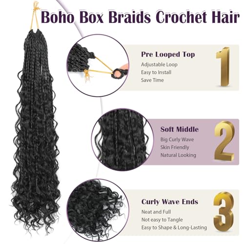 10 Packs Boho Crochet Braids Close to Human Hair Mix Protein Fiber 24 Inch Goddess Box Braids Crochet Hair Pre Looped Bohemian Box Braid with Curly Ends for Women Hair Extensions 1B