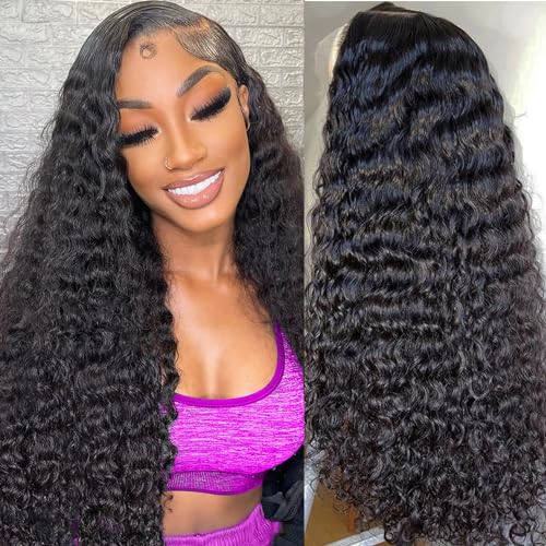 Sathen Full 13x6 Deep Wave Lace Front Wigs Human Hair 24 Inch 200% Density Deep Wave Lace Frontal Wigs 13x6 Full Lace Frontal Wig HD Transparent Deep Wave Wig Pre Plucked with Baby Hair