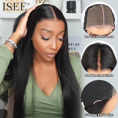 ISEE HAIR M-Cap Straight Wear Go Glueless Wig Human Hair Pre Plucked Pre Cut 9x6 HD Lace Pre Bleached Tiny Knots Human Hair Wigs For Women 18 Inch