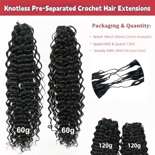 100% Human Hair Knotless Pre-Separated Crochet Hair Extensions Ocean Wave Feather Hair Water Wave Feather Line Hair Extensions Natural Color 20Inch 120g