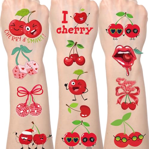 Cherry Temporary Tattoos Stickers - 200+ Cherry Birthday Decorations Cute Red Cherries Fake Tattoo Gifts for Kids Girls Funny Fruit Themed Party Favors Supplies Women Men Prizes Rewards