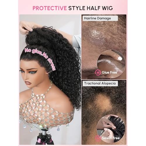 Invisi Water Wave Half Wig Human Hair with 4C Edge | Flip Over 3-In-1 Drawstring Wig 180 Density | Pre-Blended Seamless Crown | No Glue | Natural Look for 3B/3C Everyday Protective Style 10 Inch