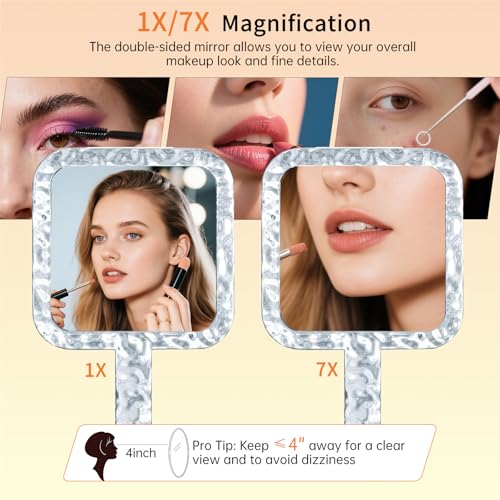 Famihomii Handheld Mirror with 1X/7X Magnification, Dual-Sided Magnification Hand Mirror, Hand Mirror with Handle, 10" x 6.1", Lightweight & Durable, Portable & Hangable for Makeup, Shaving - Clear