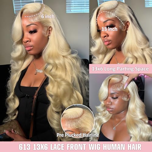 613 HD Lace Frontal Wig 200% Density 13x6 Blonde Color Body Wave Lace Front Wigs Human Hair Pre Plucked Glueless Wigs for Women (30inch)