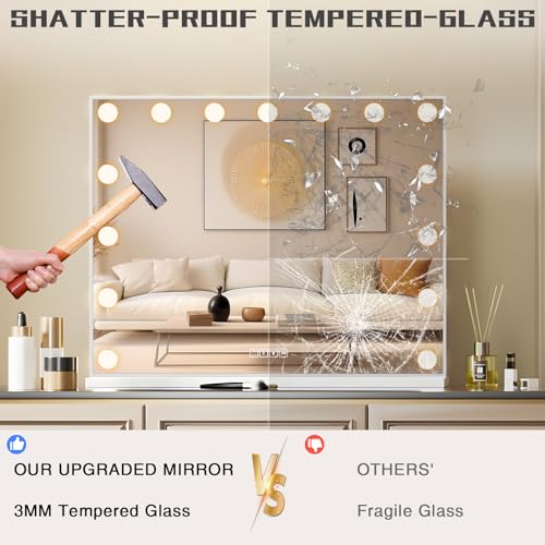 COOLJEEN Hollywood Vanity Mirror with 15 Dimmable Bulbs and USB Charging Port, 3 Color Lighted Makeup Mirror with 10X Magnification, Tabletop