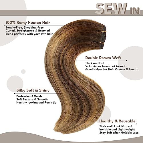 Sew in Hair Extensions Real Human hair, Double Drawn Weft Hair Extensions human hair, Silky Soft &Shiny Human hair extensions sew in, 100g Balayage Chocolate Brown to Caramel Blonde, 22 inch