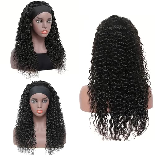 Headband Wig Deep Wave Human Hair Wigs Virgin Hair Brazilian Remy Hair Glueless Non Lace Front Wig for Black Women Wear and Go Wigs Deep Curly Wave Headband Wig (30 Inch, Natural Color)
