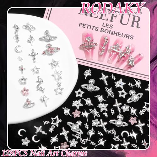 RODAKY 128PCS Silver Nail Charms Cross Star Charms for Nails 3D Saturn Planet Nail Jewelry Pink Nail Rhinestone Gems Mixed Style Y2K Nail Decoration Manicure Design Nail Accessories