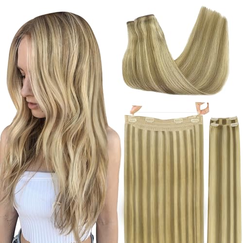 GOO GOO Wire Hair Extensions Human Hair, 16/22 Light Blondewith mix Golden Blonde Highlighted 18inch 125g, Invisible Wire Hair Extensions with Transparent, Seamless Fish Line Hairpiece