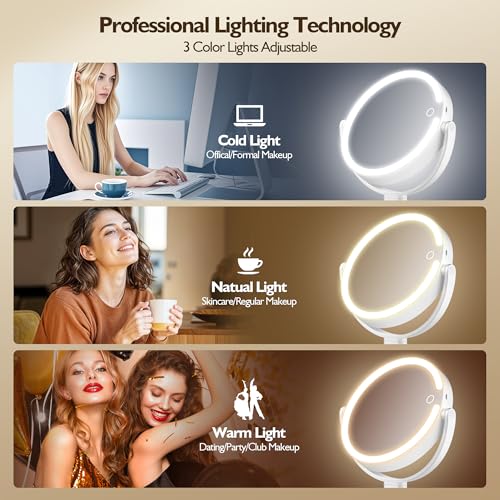 Makeup Mirror with Lights, 30X Magnifying & Height Adjustable, Lighted Magnifying Mirror with 3 Light Modes and Stepless Dimming, Vanity Mirrors for Bathroom, Birthday Gift for Women, White