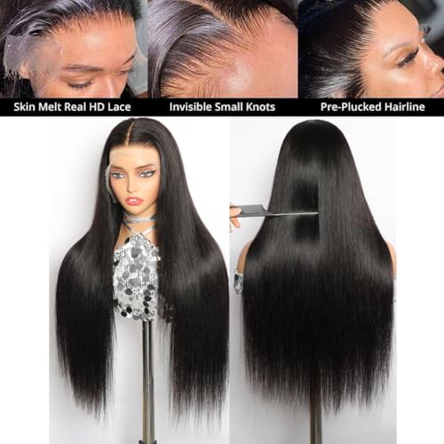 Full 13x6 HD Lace Front Wigs Human Hair Straight 180 Density Transparent Lace Frontal Wig for Women Natural Black Color Long Hair Glueless Wig 26 Inch