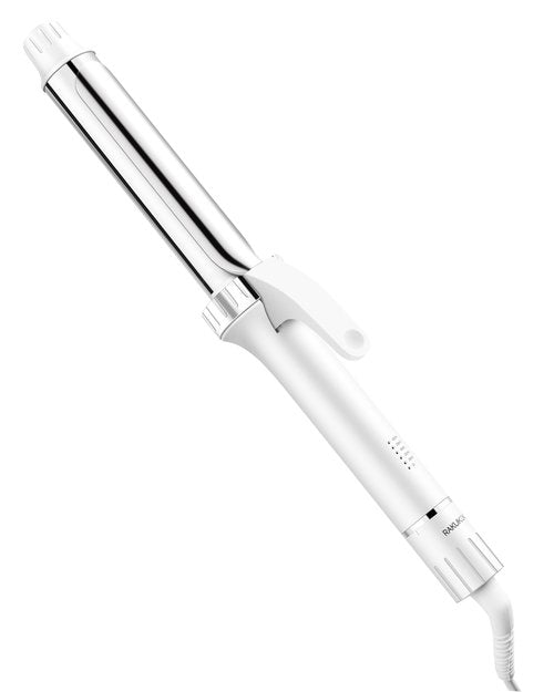 Titanium Curling Iron 1 1/4 Inch, Curling Wand with Clamp for Long Hair, Extra Long Barrel, Dual Voltage, 30s Fast Heating, 5 Temperatures, Auto Shut-Off, Silver+White