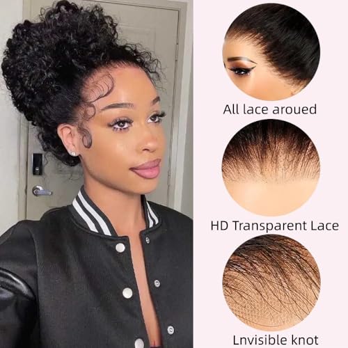 Caijuxing Water Wave 360 Glueless Lace Front Wigs Human Hair Invisi Strap HD Full Lace Front Wigs Human Hair Pre Plucked with Drawstring 180 Density Curly Wig (360-Water Wave Wig, 18 Inch)