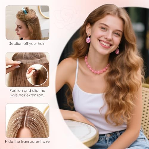 S-noilite Halo Hair Extension Invisible Wire in Real Remy Human Hair Extensions with Clips Adjustable Hidden Wire in Hair Extension for Women 16 inch Medium Brown Highlighted Honey Blonde