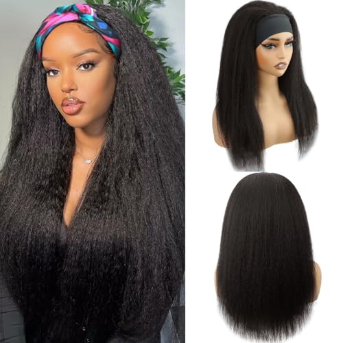 Headband Wig Human Hair Kinky Straight 26 Inch Yaki Straight Headband Wig 200% Density Glueless None Lace Front Wigs for Women Machine Made Wear and Go Wigs Headband Half Wigs Natural Color