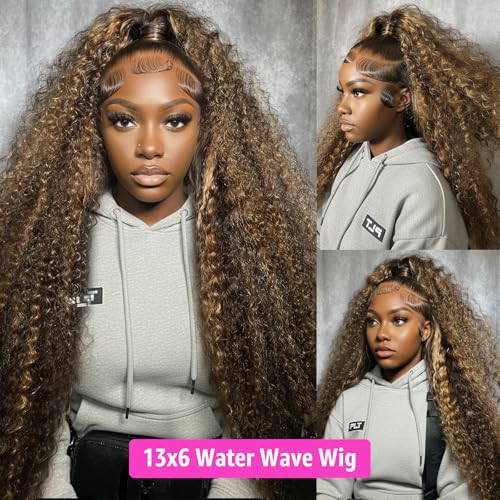 30 Inch Water Wave 13x6 HD Lace Front Wigs Human Hair Ombre Honey Blonde Wig P4/27 Highlight Wet and Wavy Curly Human Hair Frontal Wigs Pre Plucked 200 Density Glueless Frontal Wigs for Women