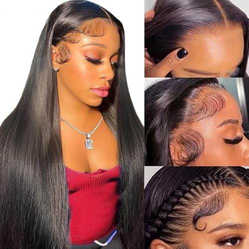 13x6 Lace Front Wigs Human Hair Pre Plucked Straight HD Frontal Wigs Human Hair with Baby Hair Straight Glueless Wigs for Black Women 180 Density(18 Inch)
