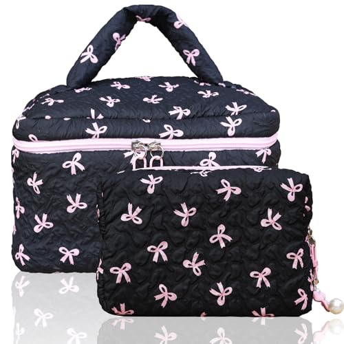 Cotton Quilted Makeup Bag Coquette Accessories Make up Bag Organizer Cute Bow Floral Cosmetic Pouch Travel Makeup Bag Mystery black Pure white (White black bow-01)