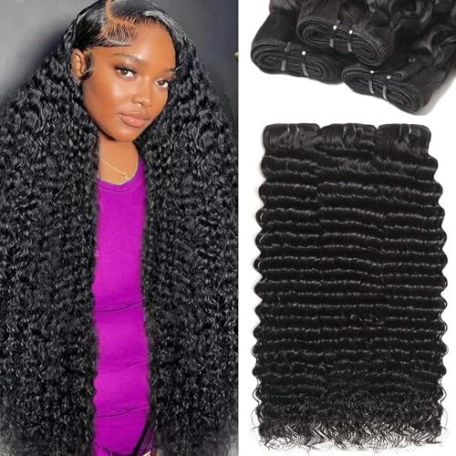 Deep Wave Bundles Human Hair 3 Pcs 12A 24 26 28 Inche Brazilian Deep Wave Cury Bundles Human Hair 100% Unprocessed Brazilian Virgin Hair Wet and Wavy Natural Black Women Hair Extensions