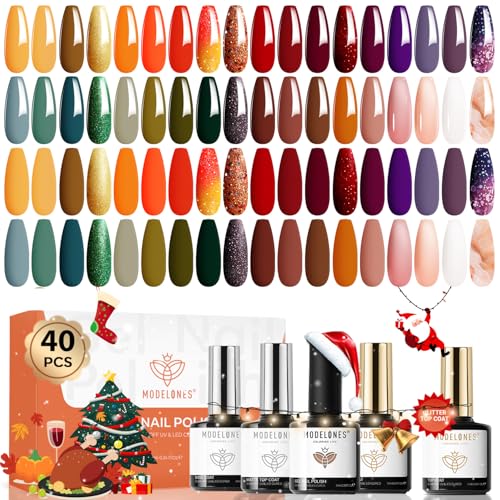 modelones 40 Pcs Gel Nail Polish Set, Thanksgiving Nude Brown Green Red Purple Orange Gold Jelly White Colors Blooming Gel Polish Kit with Base Coat & Matte Glitter Glossy Top Coat DIY Manicure Gfit