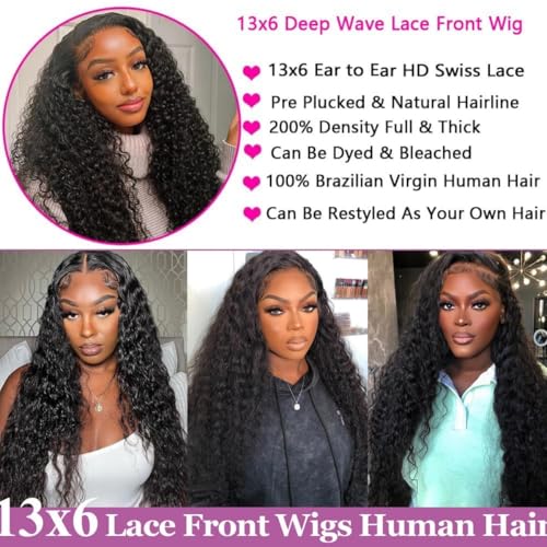 13x6 Deep Wave Lace Front Wigs Human Hair 220 Density HD Transparent Pre Plucked Deep Curly Frontal Wigs Human Hair for Women Natural Black 32 Inch