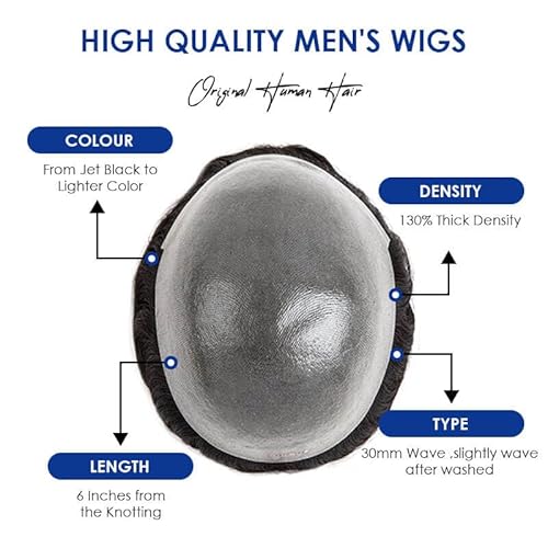 Toupee Hair for Men 0.1mm Poly Skin Human Hair Men's Toupee Durable PU Toupee Hair System for Men Base Size 8x10 Inch 130% Density mens wig Hairpieces£¨1B30£©