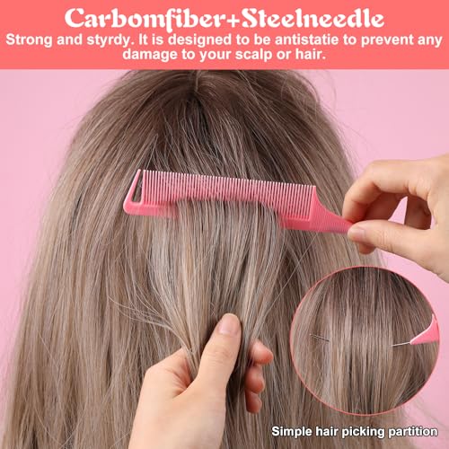 3 Pcs Rat Tail Combs, Mabor C Curved Parting Rat Combs Teasing Fine Tooth Comb with Bend Steel Needle Carbon Fiber Pin Tail Comb for Hair Styling Tools Hair Comb for Parting Women Barber