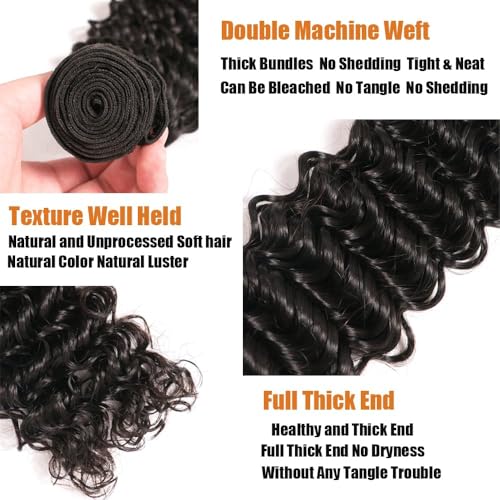 12A Deep Wave Bundles Human Hair Wet and Wavy Bundles 100% Unprocessed Brazilian Virgin Human Hair Weave 3 Bundles Deep Curly Bundles Remy Human Hair Extension Natural Black Color 22 24 26 Inch