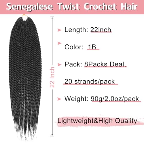 Senegalese Twist Crochet Hair-8 Packs 22 Inch Senegalese Twist Crochet Braids For Women, Black Pre Looped Pretwisted Crochet Braids, Synthetic Crochet Twist Hair (22in,1B#)