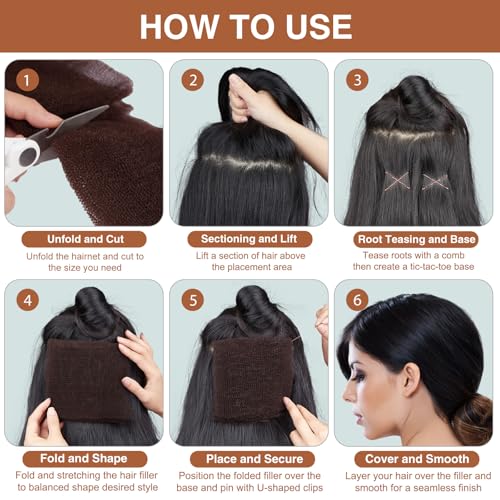 Hair Sponge for Updo & Volume Bumps Tool, Hair Filler for Thin Hair, Dark Brown Sponge for Updo with 100 Bobby Pins, 70 Inch, Salon Must-Have (Dark Brown)