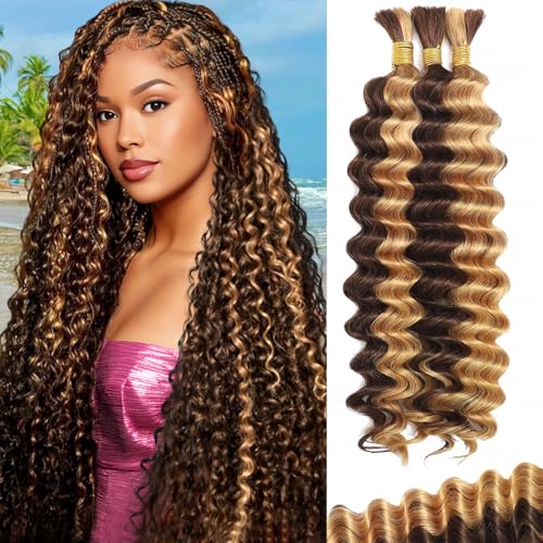 Human Braiding Hair for Boho Braids 120g Highlight Balayage Deep Wave Boho Bulk Human Hair for Braiding Knotless 12A Curly Wet and Wavy Bohemian Braids No Weft 3 Bundles 4/27 Color 16 Inch