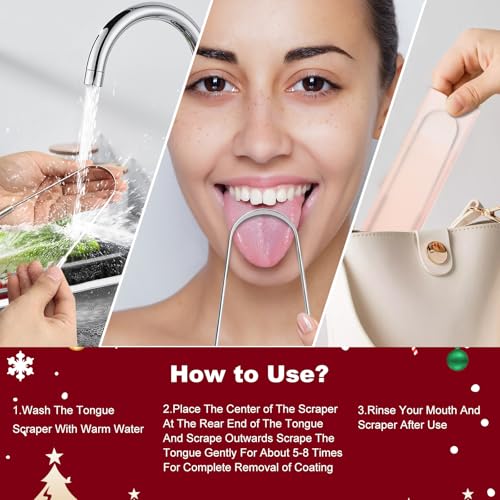 Tongue Scraper for Adults with Multicolor Travel Cases (2 Pack), Stocking Stuffers for Women Men White Elephant Gifts for Who Have Everything, 100% Stainless Steel Tongue Scrubber Tongue Cleaner