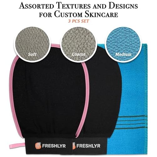 Exfoliating Gloves (3 Pcs) ? Korean Body Scrubber Mitt for Shower & Bath, Deep Cleansing & Dead Skin Remover, Multi-Texture Exfoliator for Smooth & Glowing Skin