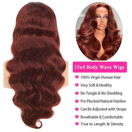 28 Inch Reddish Brown Body Wave Lace Front Wigs - Human Hair, 180% Density, Pre-Plucked with Baby Hair, Glueless Frontal Wigs - Auburn Copper Red Colored Wigs for Women