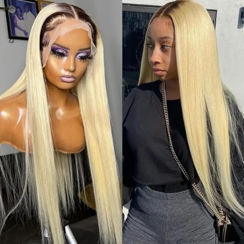 SOSEXY 13x4 Ombre Blonde Human Hair Lace Front Wigs Pre Plucked 1B/613 Ombre Lace Front Wig Human Hair 150% Density Colored Glueless Wigs Human Hair 28 Inch