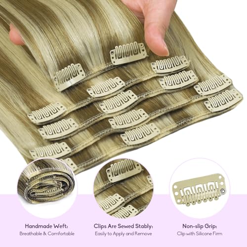 Blonde Clip in Hair Extensions Real Human Hair 8pcs Per Set with Double Weft 100% Seamless Blonde Hair Extensions for Women #8p613 Mixed Bleach Blonde 26inch 130g/4.6oz