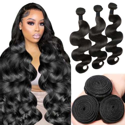 12A Body Wave Bundles Human Hair 28 30 32 Inch Human Hair Bundles 100% Unprocessed Brazilian Virgin Weave 3 Bundles Real Human Hair Double Weft Quick Weave Hair Extensions for Women Natural Black