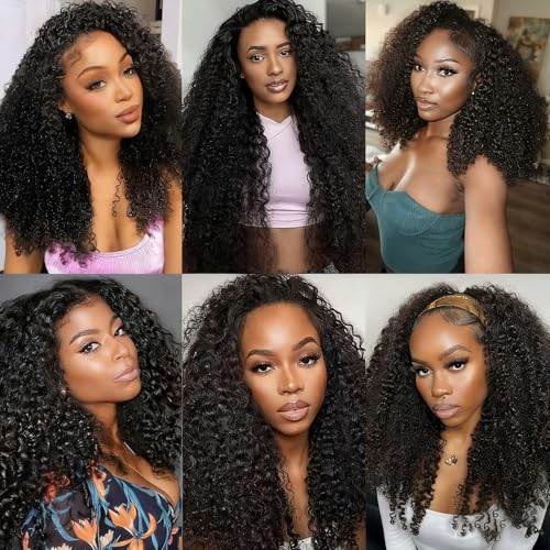 Kinky Curly Half Wig Human Hair Wear Go Glueless Wigs 22 Inch Curly 3 In 1 Half Wigs for Black Women Drawstring Seamless Flip Headband Wig Human Hair Beginner Friendly