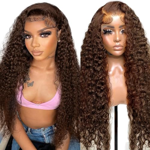 Chocolate Brown Lace Front Wig Human Hair 180 Density 28 Inch 13x4 HD Deep Wave Lace Front Wigs Human Hair Colored Deep Curly Lace Frontal Wigs Glueless Wig for Women Pre Plucked with Natural Hairline