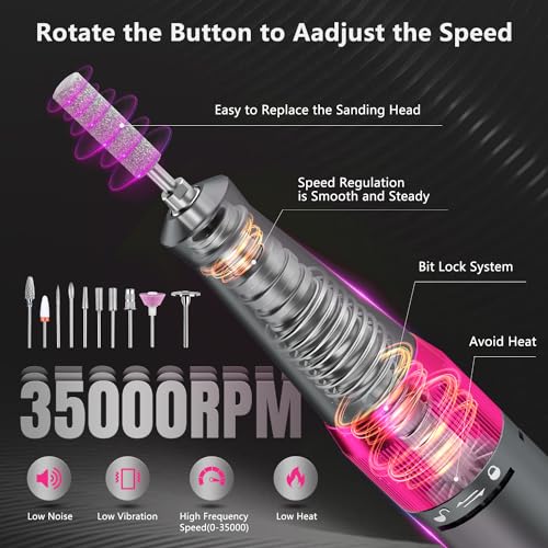 OWill Electric Nail Drill Professional, 35000RPM Rechargeable Machine With LED Display, Portable Electric File for Salon Home Kits, Pink