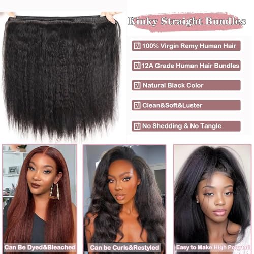 Kinky Straight Human Hair Bundles 20 22 24 26 Inch Yaki Straight Human Hair 4 Bundles 12A 100% Unprocessed Brazilian Virgin Remy Human Hair Extension Natural Color