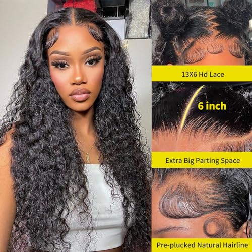 Deep Wave Lace Front Wigs Human Hair 13x6 HD Transparent Deep Curly Lace Frontal Wigs Human Hair 180% Density Glueless Wigs Human Hair pre Plucked Natural Color 32 Inch