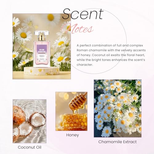 Hair Perfume for Women Long Lasting Pheromone, Hair Body Mist Spray Fragrance Essential Oil Odors Remove, Honey Infused Coconut Chamomile for Hydrating Shine, Alcohol Free, 50 ml