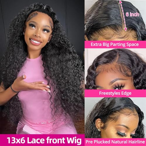 30 Inch Deep Wave Lace Front Wigs Human Hair 13x6 HD Transparent Deep Wave Lace Front Wigs for Women 200% Density Curly Lace Front Wig Pre Plcked Deep Wave Wigs with Baby Hair