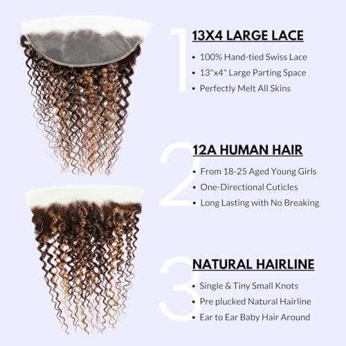 Highlight Honey Blonde Curly Bundles With Frontal 14 16 18+14 Inch, Water Wave 4/27 Ombre Color Bundles 13x4 Closure Ear to Ear Melt Lace, 100% Virgin Human Hair Wet And Wavy Brown Weave With Frontal