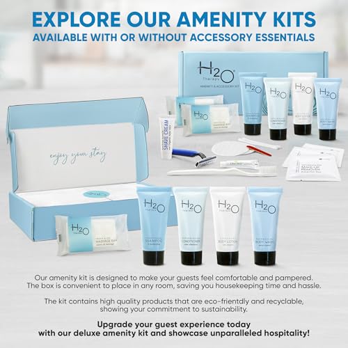 H2O Therapy Amenity & Accessory Kit | 0.85 oz Travel Size Shampoo, Conditioner, Lotion, Body Wash, Massage Bar, Cleansing Bar, Shave & Dental Sets, Make-Up Remover Wipes, & Vanity Kit | 15 sets/case
