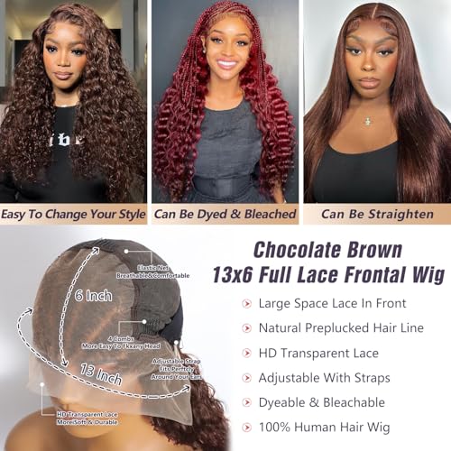 Chocolate Brown Head Braided Lace Front Wig 13x6 Deep Wave Wig Braided Wigs Human Hair Pre Plucked with Baby Hair 180 Density HD Frontal Wigs Brown Wig Human Hair 26 Inch